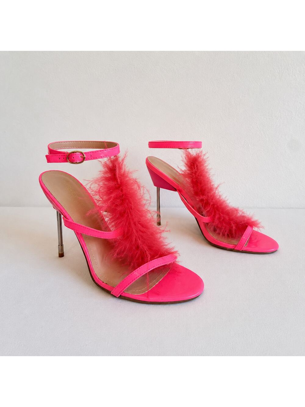 Fashion Nova Neon Pink Feather 4" Heels Strappy Stiletto Sandals 8.5 Glam